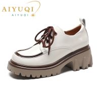 AIYUQI Loafers ผู้หญิงของแท้หนัง2023ใหม่แพลตฟอร์มรองเท้าสุภาพสตรีรอบ Toe Lace สไตล์อังกฤษรองเท้าส้นสูงรองเท้าผู้หญิง