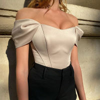 Elegant Silk Satin Short Sleeve Corset Crop Top Summer Women Fashion Strapless Backless T Shirts Cropped Feminino Streetwear