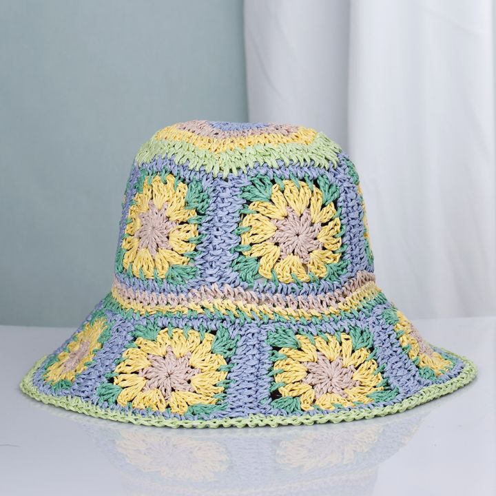 cc-colorful-raffia-crochet-hat-handmade-rainbow-granny-summer-beach-sun-2023-new