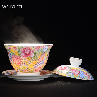 WSHYUFEI J Ingdezhen เซรามิกถ้วยชา Gaiwan แฮนด์เมดชามชาชุดกาน้ำชาส่วนบุคคลถ้วย T Eaware หม้ออบฝาชามจานรอง140มิลลิลิตร