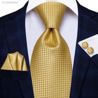 ☊ Hi-Tie Solid Gold Yellow Silk Ties For Men Handky Cufflinks Set Fashion Gift For Mens Tie Wedding Business Necktie