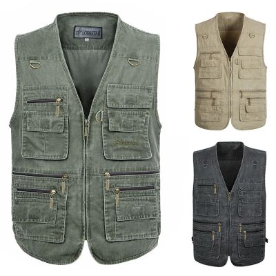 ✁◘◈ hnf531 Middle aged and elderly top Vest photography fishing denim tank top 16 pocket cotton loose oversized tank top