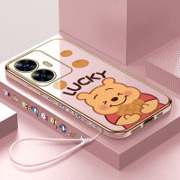 เคสโทรศัพท์พร้อมสำหรับเคส C55 Realme Realme เคส C55 (ฟรีสายคล้อง) ลายการ์ตูนโชคดีหมีพูขอบสี่เหลี่ยมเคสโทรศัพท์ชุบหรูหราชุบเคสโทรศัพท์นิ่ม