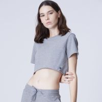 Active Cropped Top Heather Grey เสื้อครอปแขนสั้น เสื้อเอวลอยมีฮู้ด