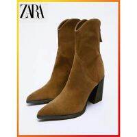 ร้อน "ZARA-2023Autumn ใหม่รองเท้าผู้หญิงทรายสีน้ำตาลวัวหนังนิ่มส้นสูงและข้อเท้ารองเท้าสั้นรองเท้าคาวบอยตะวันตกส้นหยาบ