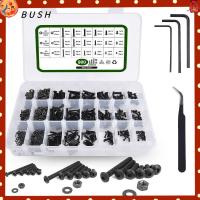 BUSH 900Pcs M2 M3 M4 สกรูฝาครอบซ็อกเก็ตหัวปุ่ม HEX เหล็กอัลลอยเกรด10.9 สีดำสีดำ ชุดแหวนรองน๊อตและน๊อต พร้อมประแจหกเหลี่ยม สลักเกลียวเมตริก เครื่องจักรความแม่นยำสูง