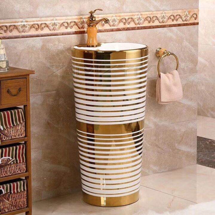 Gold Modern Stylish Round Pedestal Sink Ceramic Bathroom Sink With
