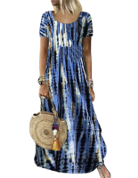 Casual Boho Dot Tie Dye Print Maxi Dress Summer Women Elegant O-Neck Short Sleeve T-shirt Dresses Fashion Party Dress Vestidos