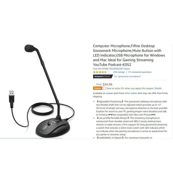 Fifine K052 Gooseneck Microphone Mute Button USB Microphone for PC ...