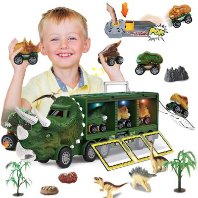 ไดโนเสาร์ขนส่งรถของเล่นดึงกลับยานพาหนะ Dino ภาชนะเก็บของโมเดลรถยนต์ไฟเพลงเด็กผู้ชายเด็กๆของขวัญวันเกิด