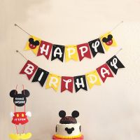 ◙■ Mickey mouse Birthday flag Mickey Happy Birthday flag first birthday Party Pull Flower Decor Supplie happy birthday banner decor