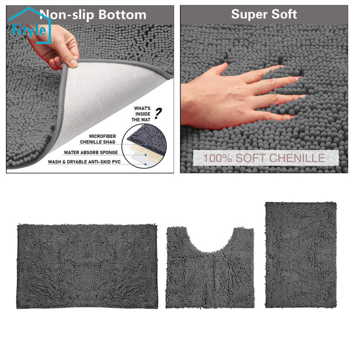 3 Piece Bathroom Rugs Set Microfiber Plush Bath Rug Non Slip Absorbent Bath  Mat