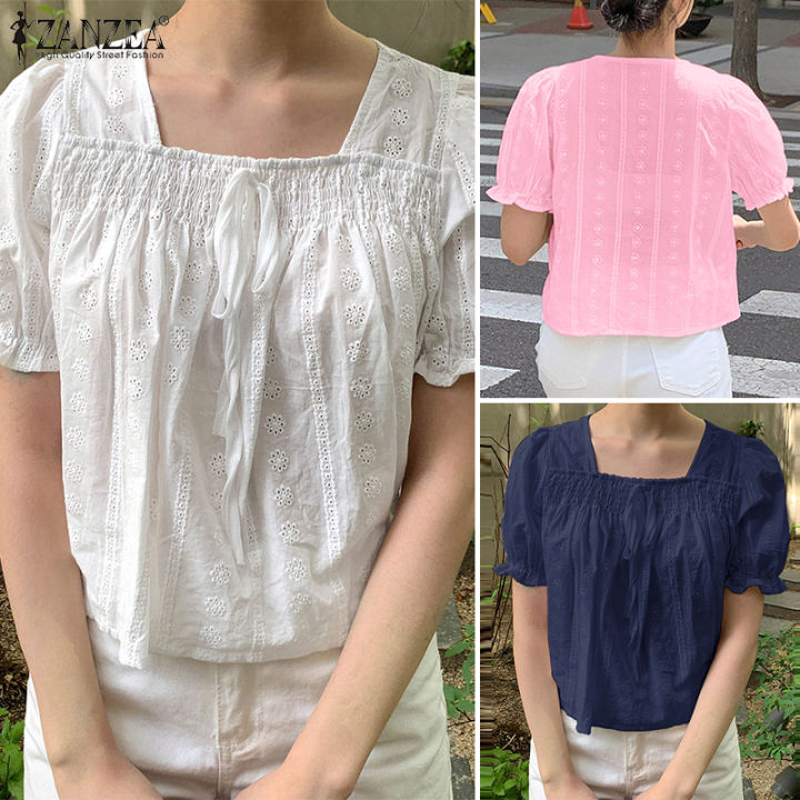 สินค้ามาใหม่-จัดส่งฟรี-fancystyle-zanzea-เสื้อแขนพองสั้นผู้หญิงสไตล์เกาหลี-เสื้อลูกไม้เย็บปะติดปะต่อกันมีช่องเปิดเสื้อลำลองคอเหลี่ยม-10