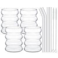 4Pcs Glass And Straw Wavy Cups Beer Juice Iced Coffee Mug Cocktail Fruit Bubble Water Glass Cup Drinkware