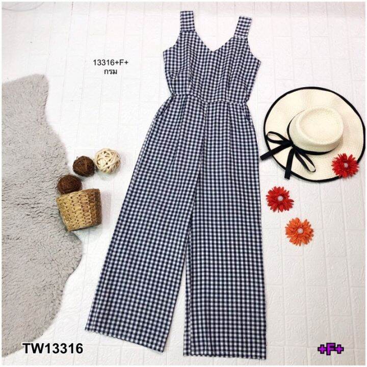 tw13316-jumpsuit-จั้มสูทแขนกุดลายสก็อตขากระบอก