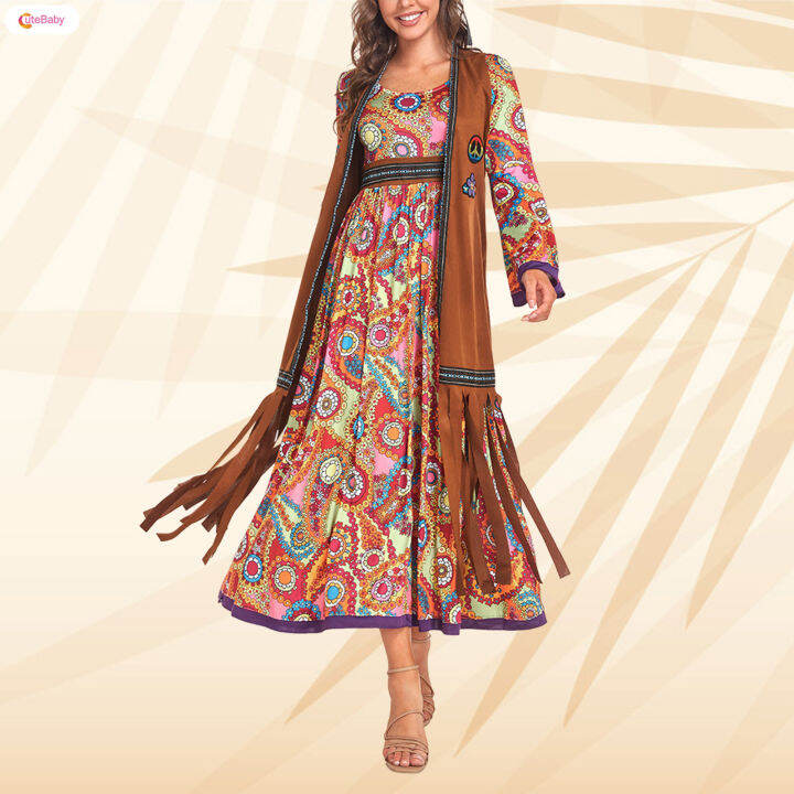 Ladies 70s Hippie Hippy Groovy 60s Retro Costume Go Go Disco Dancing Lady Dress