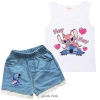 HOT★Disney ฤดูร้อนเด็กเสื้อผ้าชุด Lilo และ Stitch ชายและหญิงเสื้อยืดและกางเกงยีนส์2ชิ้นเสื้อผ้าเด็กชุด