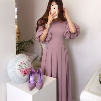 Korean Solid Casual Chic Elegant Women Dress Summer Vestido Round neck High waist Straps Lantern sleeves Pleated Long Dress