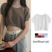 เสื้อกันหนาวเสื้อถักนิตติ้งแขนสั้นสไตล์เกาหลีแบบใหม่เสื้อบางสีขาว Croptop