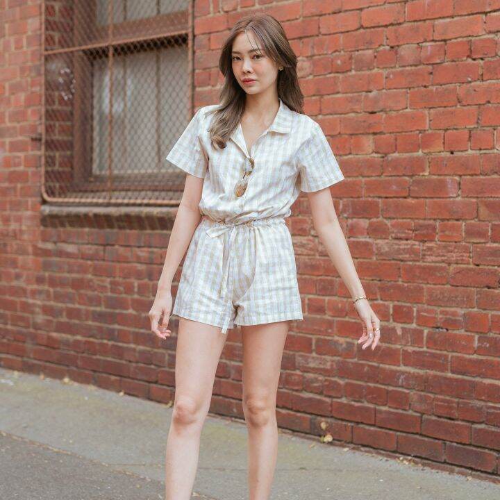 Something Gingham jumpsuit baby yellow Lazada.co.th