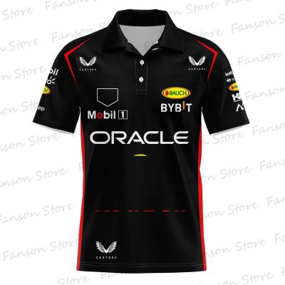 2023 F1ทีมแข่งสีแดงของผู้ชายเสื้อโปโลเด็กเสื้อโปโลเสื้อยืดทรงโอเวอร์ไซส์สีดำสำหรับฤดูร้อน