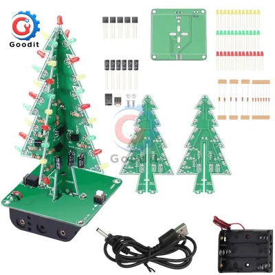 DIY 3D Christmas Tree Soldering Practice Electronic Science Assemble Kit 3 Color Flashing LED PCB USB Cable Using battery Replacement Parts