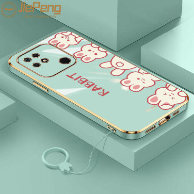 JiePeng สำหรับ R edmi 10C ชุบซิลิโคน TPU ป้องกันการวางโทรศัพท์กรณีที่มีรูปแบบกระต่ายน้อยน่ารักส่งเชือกเส้นเล็ก