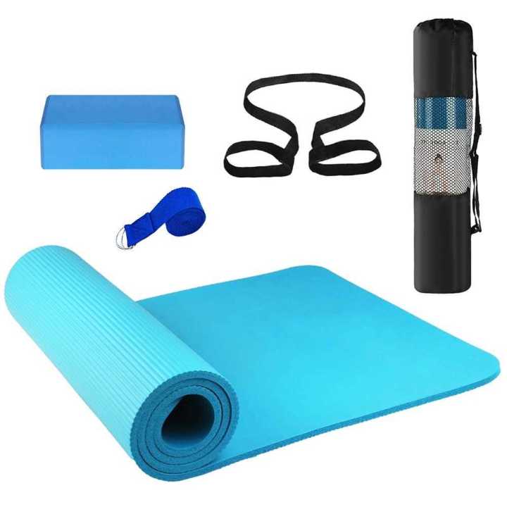 3PCS Yoga Equipment Set Yoga Mat Yoga Blocks Stretching Strap Yoga Beginner  Exercise Set with Mat Storage Pouch and Strap (Blue)