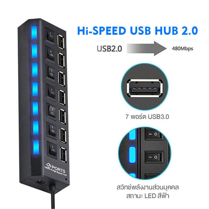 ช่องต่อ-usb-2-0-แบบ-4-7-ช่อง-4-7-port-high-speed-usb-2-0-hub-พร้อมสวิทช์-ใช้กับเเฟลตได-เมาส์-คีย์บอร์ด-สีดำ