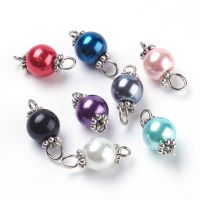 10pc Pearlized Glass Pearl Links connectors with Tibetan Style Alloy Bead Spacers and Iron Eye Pin Round Mixed Color Antique Silver &amp; Platinum 17x8mm Hole: 2mm and 3mm