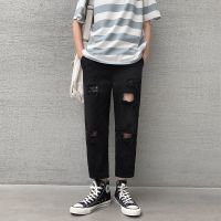 【READY STOCK】Teens Ripped jeans for men Korean Style Mens Straight Loose Jeans trousers Teens Fashion Simple Pants Mens Clothing 2020 New