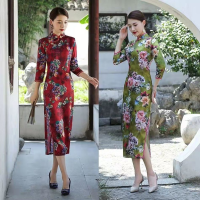 Chinese Styles Vintage Women Hanfu Midi Qipao Plus Size Dresses China Traditional Elegant Cheongsam Oriental Clothing