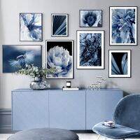 Blue Dandelion, Peony,ภาพวาดผ้าใบใบปาล์ม,โปสเตอร์พืชนอร์ดิก,พิมพ์ภาพผนังศิลปะ,เหมาะสำหรับตกแต่งห้องนั่งเล่น