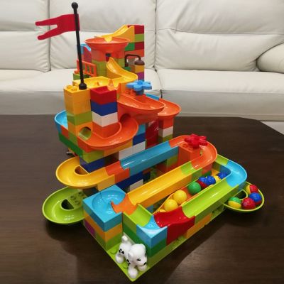 ۞ Childrens large particle slide building blocks rolling ball changeable track sliding piano marble runway loop assembly toy