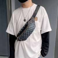﹍☍♈ New plaid chest bag hip bag trendy fashion mens bag all-match crossbody small chest bag trendy mens bag street shoulder bag