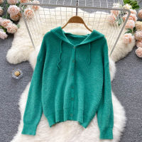 Autumn Winter Women Hooded Knitted Cardigans Vintage V-Neck Long Sleeve Casual Sweater Female BrownOrangeBlue Loose Outerwear