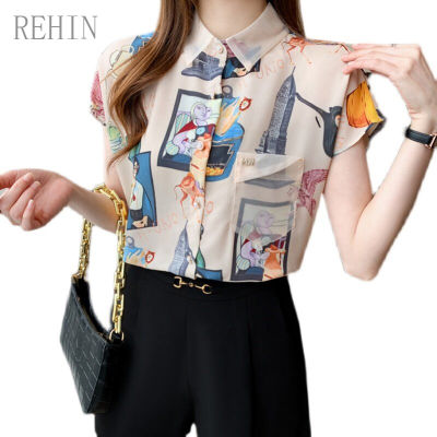 REHIN [จัดส่งฟรี][เสื้อชีฟองสตรี]แขนสั้นลายดอกไม้พิมพ์เสื้อชีฟองเข้ารูปพอดีเสื้อสตรีฤดูร้อนเสื้อใหม่