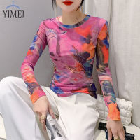 YIMEI เสื้อเชิ๊ตผู้หญิงพิมพ์ลายตาข่าย,เสื้อเชิ๊ตผู้หญิง2023แขนยาวเสื้อเชิ๊ตผู้หญิงสวยคอกลมฤดูใบไม้ผลิ