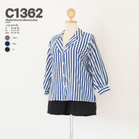 C1362 เสื้อเชิ้ตผ้าไหมอิตาลี่คอปกเหลี่ยมลายริ้ว ยาว27