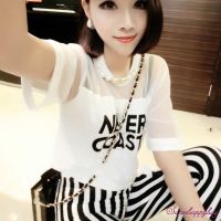 HOT SALE Woman Crew Neck Letter Printed Gauze Crop Tops Lace Loose T-shirt