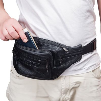 Genuine Leather Fanny Pack for Men Outdoor Travel Waist Bag Cowhide Large Size 7 Pockets Chest Bags Phone Pouch Running Camping Running Belt