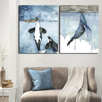 Orca Watercolor Painting Whale Seascape Wall Art Pictures Poster and Prints Painting Cuadros Artwork for living Room Home Decor