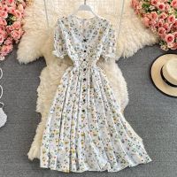 COD DSTGRTYTRUYUY Floral Casual Dresses for Women Summer Korean V Neck Puff Short Sleeved Waist Single Breasted Chiffon Dress