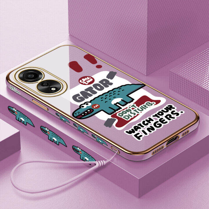 ggk-เคสนิ่มลายการ์ตูนจระเข้ขอบสี่เหลี่ยมฟรีสายคล้อง4g-สำหรับ-oppo-a78ชุบเคลือบเคสโทรศัพท์หรูหรา4g-เคสโทรศัพท์นิ่ม