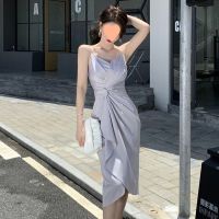 Tied Spaghetti-Strap Dress 2022 New Womens Twist Design Satin Hepburn Style Slim Fit Slimming Niche Medium-Length Dress