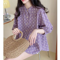 Purple doll neck shirt blouse top womens 2023 new korean sweet lace lantern sleeve fragmented flower 3/4 sleeve shirt