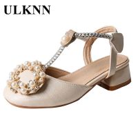 ULKNN Children Sandals Pearl Rhinestone Kids High Heel Shoe Elegant Baby Girls Wedding Party Shoe Student Prom Sandals Round Toe