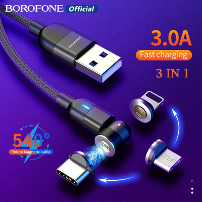 Borofone BCC โบโรโฟน3 In 1ที่ชาร์จเร็วแบบแม่เหล็ก,สายชาร์จเร็ว USB 3A Type C /Lightning /Micro สายชาร์จ540องศาสำหรับ iPhone HUAWEI OPPO ViVO Xiaomi Redmi สาย USB 1ม./2ม.