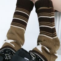 【CW】 667E Gothic Knitted Flared Leg Warmer Socks Colorblock Striped Star Reversible Baggy Foot Cover