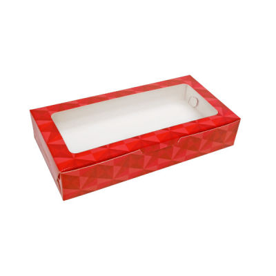กล่องใส่บราวนี่  สีแดงลายเพชร ( 15 x 7.5 x 3 ซม.) (มีตัวเลือกจำนวน) ใส่ของขวัญ กิ๊ฟเซ็ท สบู่ ขนม เบเกอรี่  ด้านบนเจาะกรุพลาสติกใส ( BK34 w)